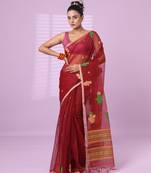 Maroon muslin saree with floral designs