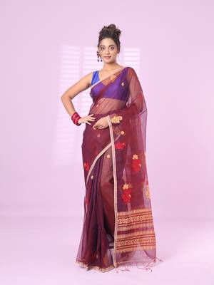 Maroon muslin saree with floral designs 1
