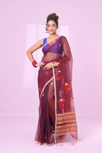 Maroon muslin saree with floral designs