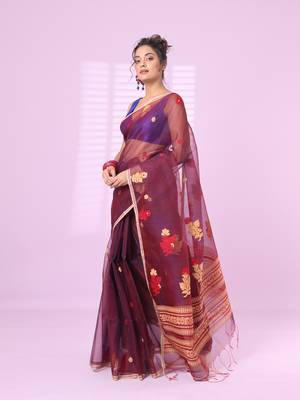 Maroon muslin saree with floral designs 2