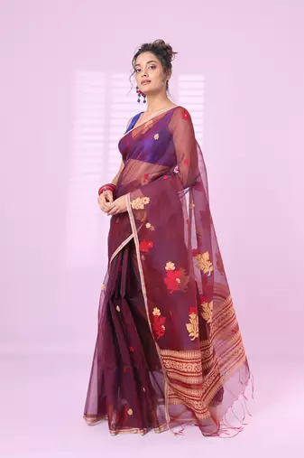 Maroon muslin saree with floral designs