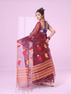 Maroon muslin saree with floral designs 3