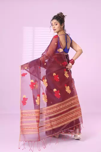Maroon muslin saree with floral designs