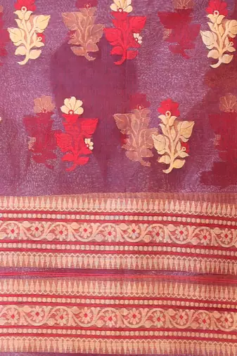 Maroon muslin saree with floral designs