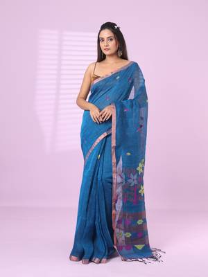 Sapphire blue foliage motifs linen saree with zari border 1