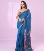 Sapphire blue foliage motifs linen saree with zari border
