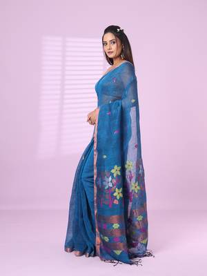 Sapphire blue foliage motifs linen saree with zari border 2