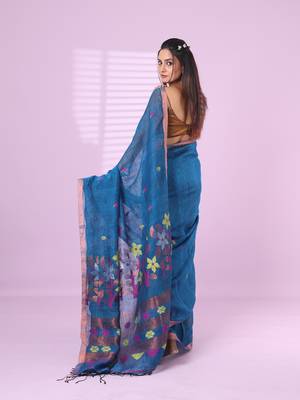 Sapphire blue foliage motifs linen saree with zari border 3