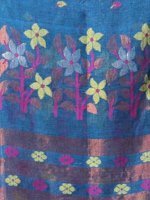 Sapphire blue foliage motifs linen saree with zari border 4