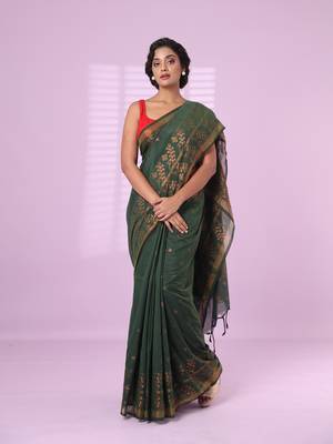 Green cotton handspun soft saree with zari woven texture pattern 1