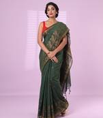 Green cotton handspun soft saree with zari woven texture pattern