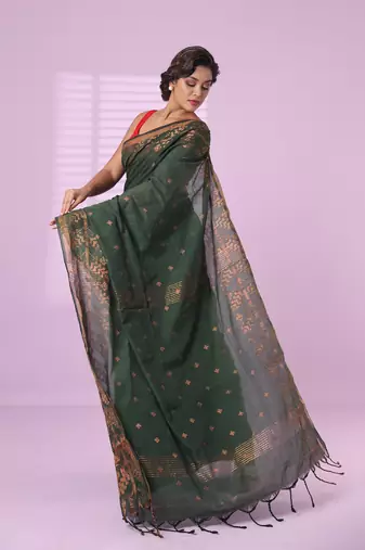 Green cotton handspun soft saree with zari woven texture pattern