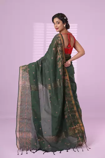 Green cotton handspun soft saree with zari woven texture pattern