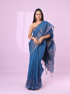 Sapphire blue cotton handspun soft saree with zari woven texture pattern 1