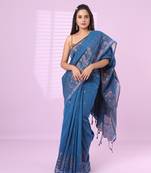 Sapphire blue cotton handspun soft saree with zari woven texture pattern