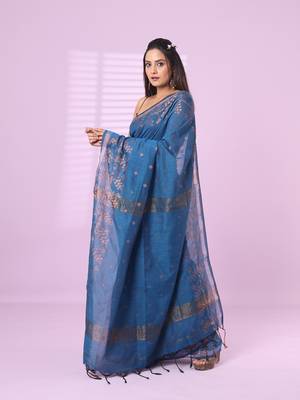 Sapphire blue cotton handspun soft saree with zari woven texture pattern 2