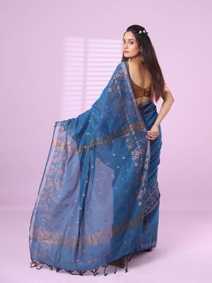 Sapphire blue cotton handspun soft saree with zari woven texture pattern 3