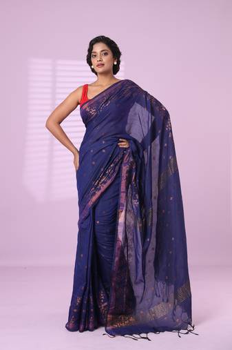 Blue cotton handspun soft saree with zari woven texture pattern