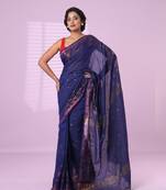 Blue cotton handspun soft saree with zari woven texture pattern