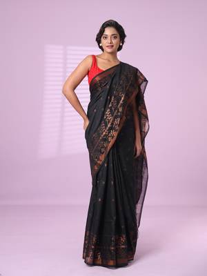 Black cotton handspun soft saree with zari woven texture pattern 1