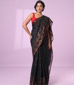 Black cotton handspun soft saree with zari woven texture pattern