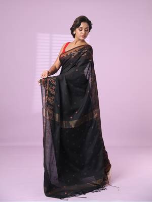 Black cotton handspun soft saree with zari woven texture pattern 2