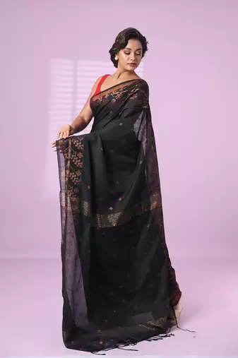 Black cotton handspun soft saree with zari woven texture pattern
