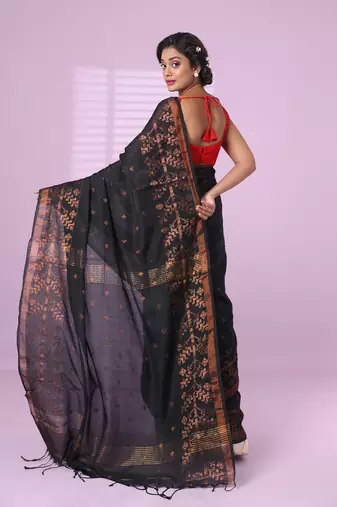 Black cotton handspun soft saree with zari woven texture pattern