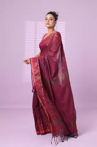 Magenta cotton handspun soft saree with zari woven texture pattern