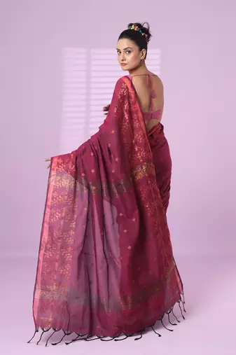 Magenta cotton handspun soft saree with zari woven texture pattern