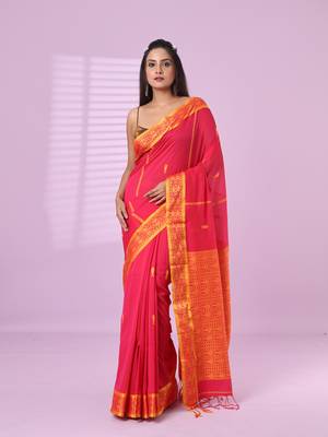 Pink cotton handspun soft saree with woven fish pattern 1