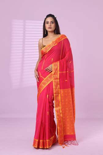 Pink cotton handspun soft saree with woven fish pattern