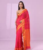 Pink cotton handspun soft saree with woven fish pattern