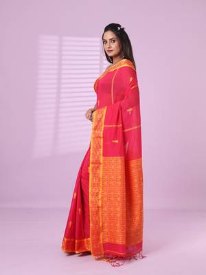 Pink cotton handspun soft saree with woven fish pattern 2