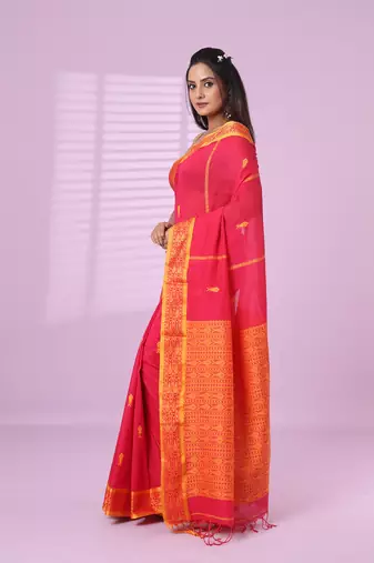 Pink cotton handspun soft saree with woven fish pattern