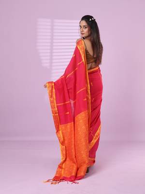 Pink cotton handspun soft saree with woven fish pattern 3