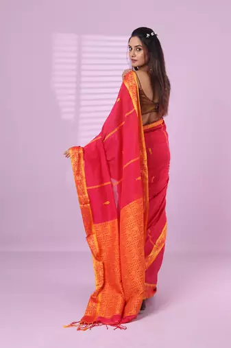 Pink cotton handspun soft saree with woven fish pattern