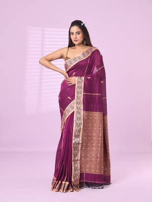 Purple cotton handspun soft saree with woven fish pattern 1