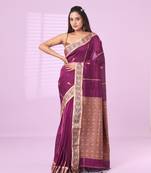 Purple cotton handspun soft saree with woven fish pattern