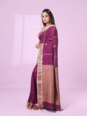 Purple cotton handspun soft saree with woven fish pattern 2