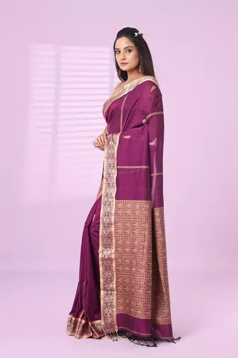 Purple cotton handspun soft saree with woven fish pattern