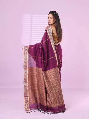 Purple cotton handspun soft saree with woven fish pattern 3