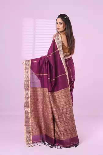 Purple cotton handspun soft saree with woven fish pattern