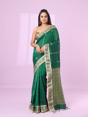 Green cotton handspun soft saree with woven fish pattern 1