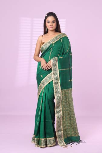 Green cotton handspun soft saree with woven fish pattern