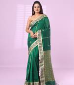 Green cotton handspun soft saree with woven fish pattern
