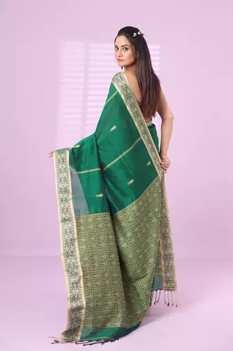 Green cotton handspun soft saree with woven fish pattern