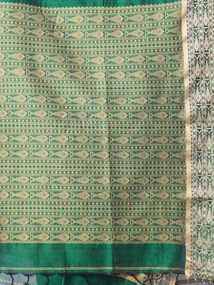 Green cotton handspun soft saree with woven fish pattern 4