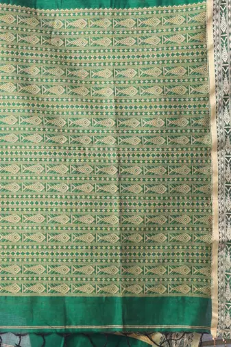 Green cotton handspun soft saree with woven fish pattern
