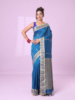 Sapphire blue cotton handspun soft saree with woven fish pattern 1